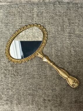 Vintage French Gilt Ornate 2-Side Hand Mirror with Metal Handle